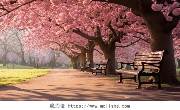 公园里盛开的樱花与长椅樱花飘落浪漫意境风景唯美壁纸